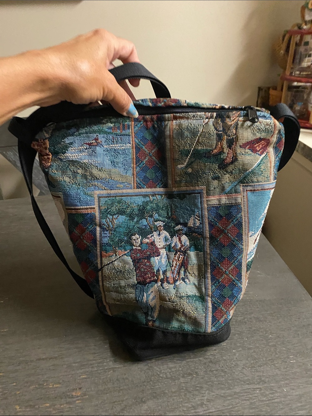 Tapestry Crossbody Bag with Vintage Golf Scene - Blue